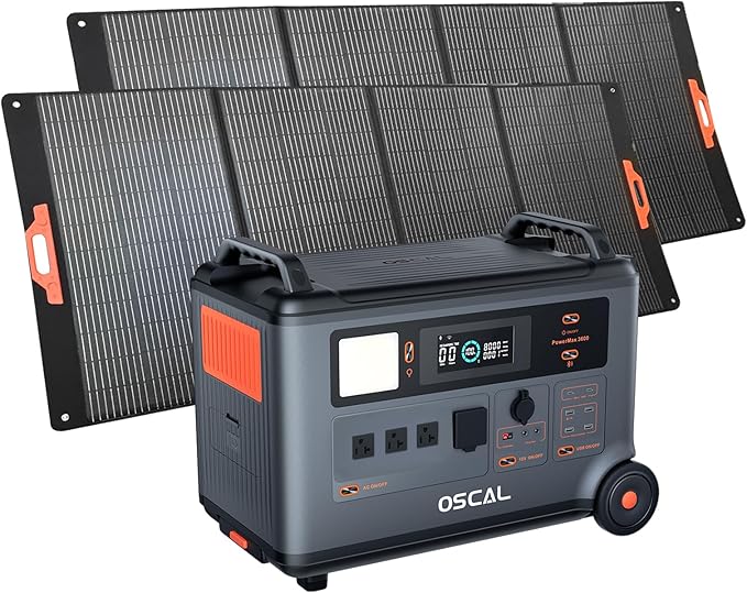 OSCAL PM3600+2*PM400 Portable Power Station, 3000W (Surge 6000W) Output, 3600Wh LFP Home Backup Battery,1.2H Full Charging, 14 outlets, Solar Generator for Camping, RV, with 2 * 400W solar panel