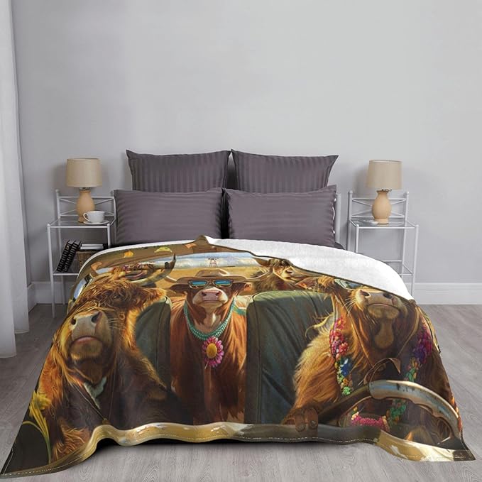 Funny Highland Cow Throw Blanket Hawaii Highland Cow Decor Blanket Super Cozy Plush Lightweight Soft Plush Flannel Fleece Cow Blanket Gifts for Girls Boys Kids Women Men for Sofa Bed Couch 60"X50"