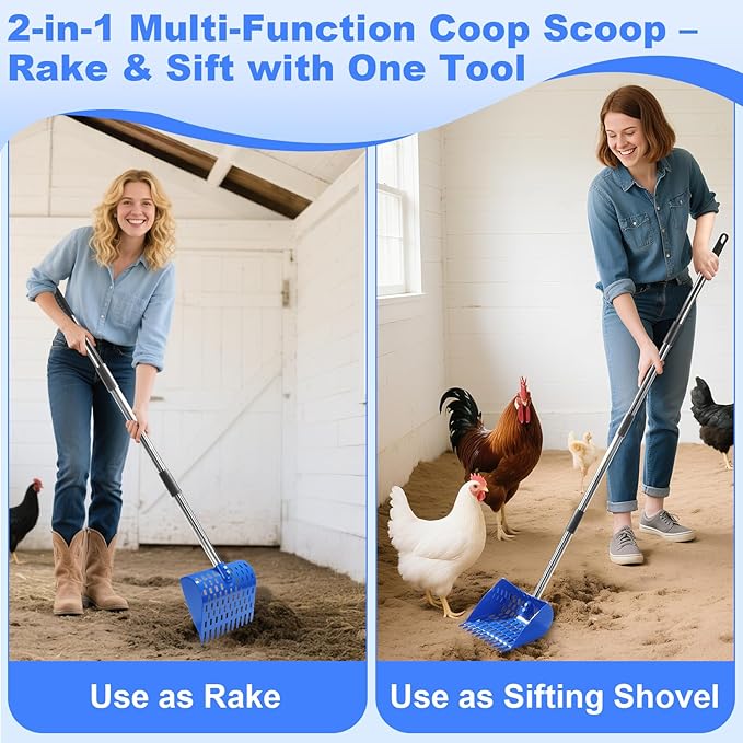 2025 Design 2 in 1 Chicken Poop Scooper – Adjustable 26“ to 68” Stainless Steel Handle, Heavy-Duty Waste Scoop with Built-in Rake Durable Design for Backyard Chicken Coops