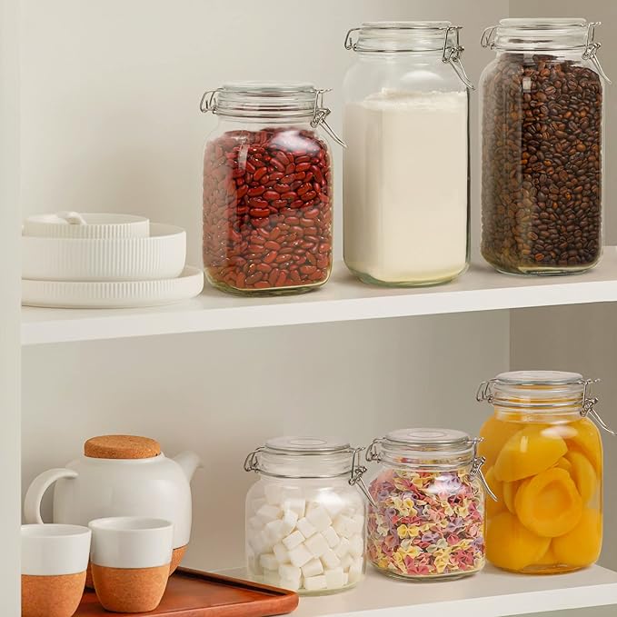 ComSaf Airtight Glass Canister Set of 3 with Lids 34oz Food Storage Jar Square - Storage Container with Clear Preserving Seal Wire Clip Fastening for Kitchen Canning Cereal,Pasta,Sugar,Beans,Spice