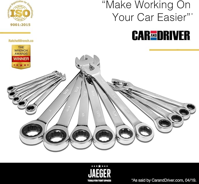 Jaeger 15pc Inch TIGHTSPOT 90-Tooth Ratcheting Combination Wrenches MASTER SET - Our LARGEST SAE/INCH SET With Bear Keeper Rollup Case