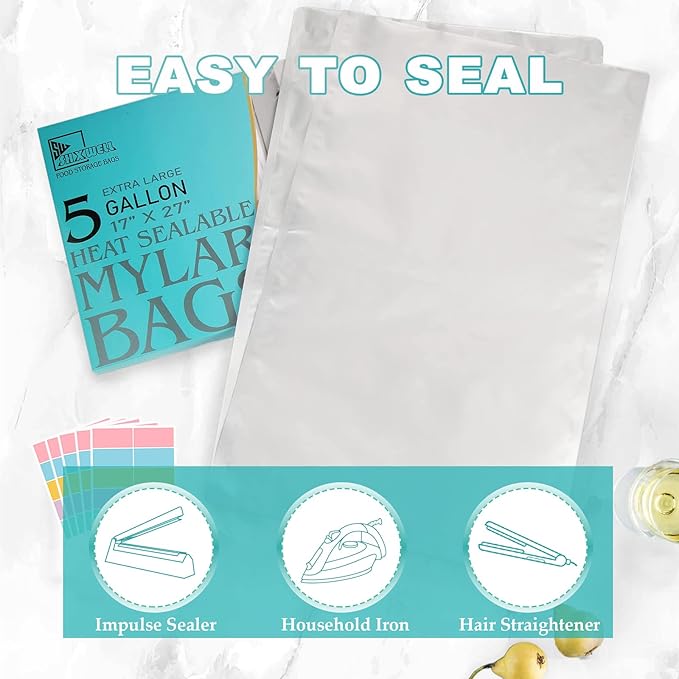 15PCS 5 Gallon Mylar Bags with 2500CC Oxygen Absorbers & Labels, 10.5 Mil Thick 17"x 27" Vacuum Sealer Bags Heat Sealable Bag for Long Term Food Storage
