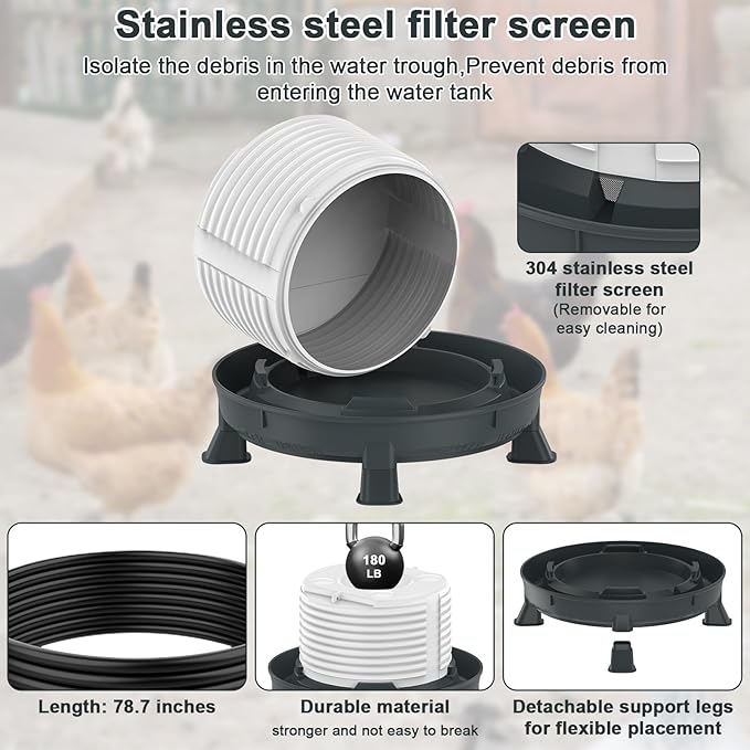 4.28L Heated Chicken Waterer - Winter Freeze-Proof Heated Poultry Waterer, 84W Hanging Chicken Water Heater with 4 Detachable Leg Support, Poultry Water Fountain for Chickens, Ducks & Turkeys