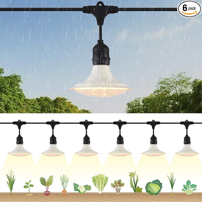 Outdoor LED Grow Lights, Waterproof String Grow Light, Full Spectrum Plant Growing Lights with 22Ft Cord, 6 Lights for Outdoor, Greenhouse Planting, Rainproof and Windproof