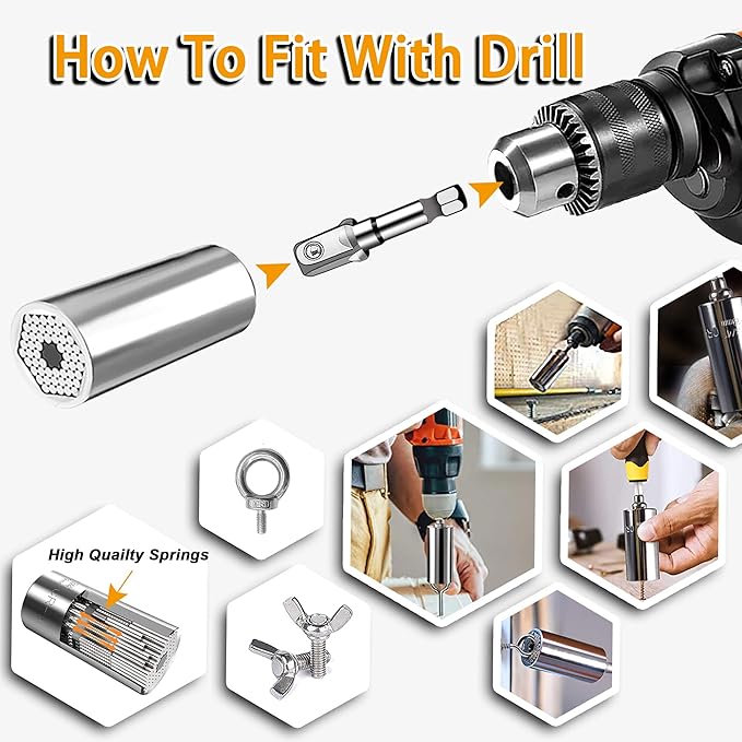 Universal Socket Wrench Tool set (7-19mm) Multi-Function Professional Super Socket Tool Sets unscrew any bolt with Power Drill Adapter and 3/8 inch Ratchet wrench