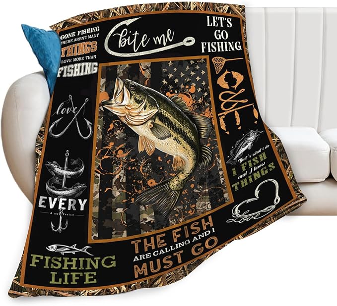 Dynova Fishing Blanket Cozy Plush Fish Throw Blankets Fuzzy Flannel Fleece Camo Fisherman Gifts Decor for Boys Men 80"X60"