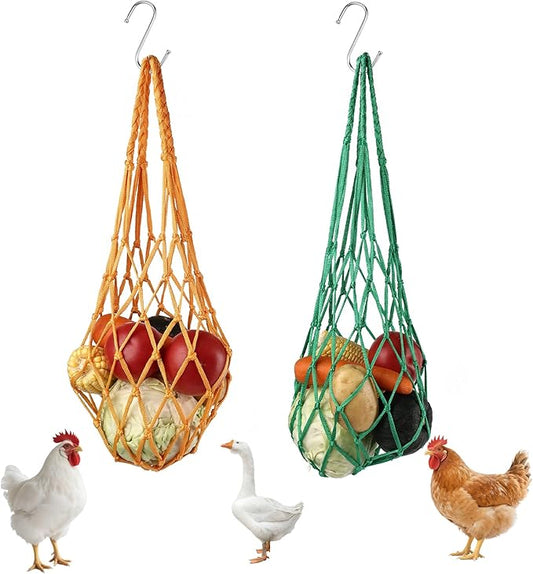 2 PCS Chicken Vegetable Hanging Feeder, Reusable Chicken Treat Holder, Poultry Feeding Tool with Hooks, for Chicken Duck (Yellow and Green)