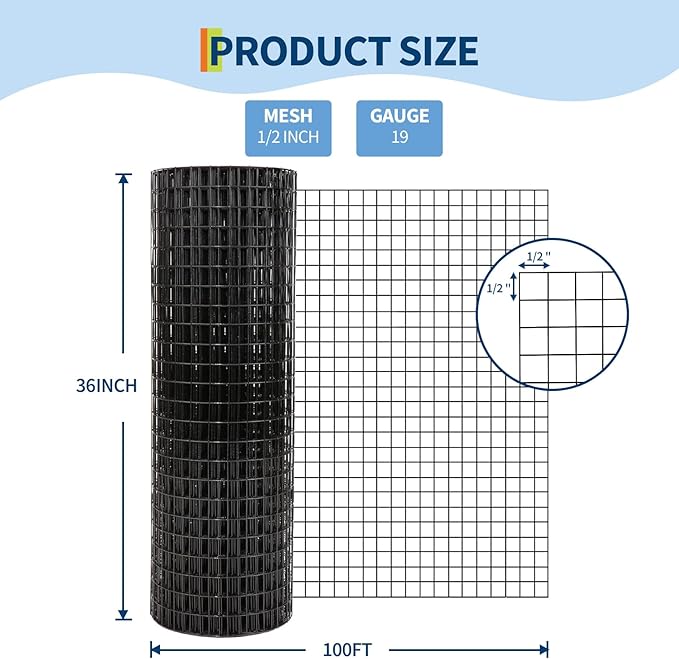 Hardware Cloth 1/2 inch - 36 in x 100 ft 19GA Black Galvanized Chicken Wire Mesh Roll, Hot-Dipped After Welding for Chicken Coop, Rabbit Cages & Garden Fencing – Poultry Netting & Chicken Wire Fencing