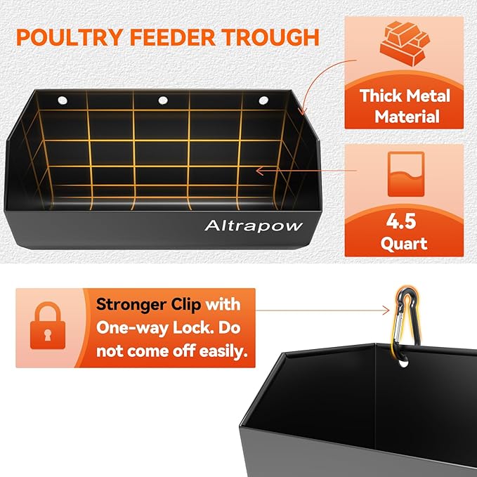 4.5 Quart Hanging Goat Feeder [Material of Metal] with Clips and Nylon Tie Wraps, Fence Feeder [Sturdy and Durable] for Goat, Pig and Dog, Black, 2 Pack