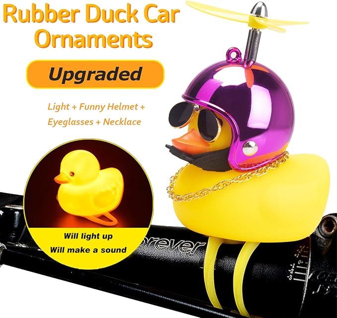 wonuu Rubber Duck Toy Car Ornaments Yellow Duck Car Dashboard Decorations Squeeze Duck Bicycle Horns with Propeller Helmet