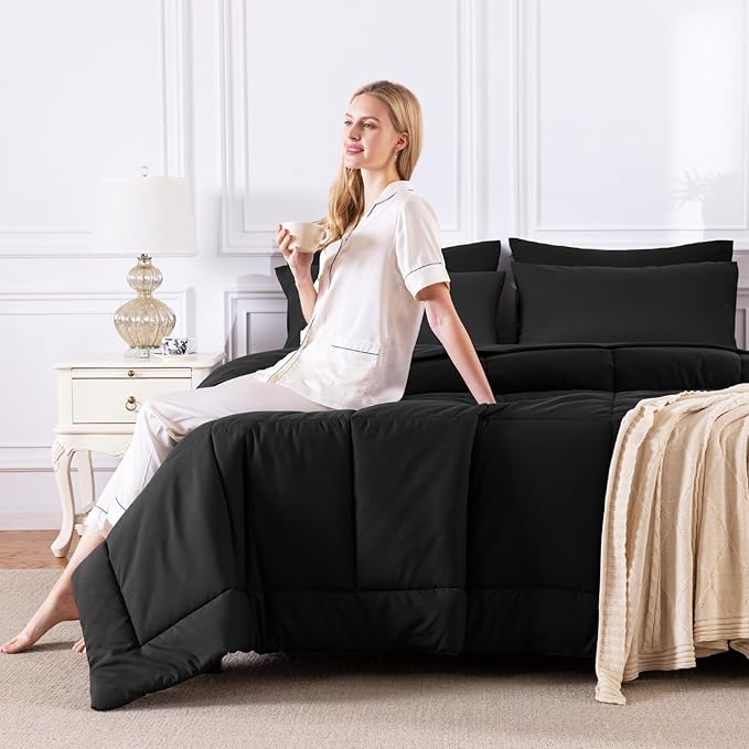 CozyLux Oversized King Comforter Sets Black, 7 Pieces Bed in a Bag, Ultra-Soft All Season Bedding Sets with Stitch Quilted Comforter, Flat Sheet, Fitted Sheet, Pillowcases, Black