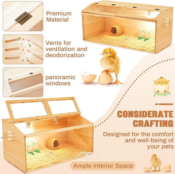 Brooder Box for Chicken Quails Stand Sliding Door, Bulb Set and Feeder, Indoor Chicks Coop Brooder Box Kit, for Ducks, Hamsters, Lizards, Mice, Rat(No Legs,Wooden,32 x 16 x 16 in)