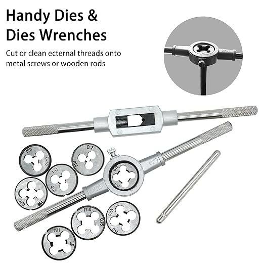 40PCS Tap and Die Set, Metric Size Standard M3 to M12, Threading Tool Set for Cutting External and Internal Threads with Adjustable Handles, Complete Accessories and Storage Case