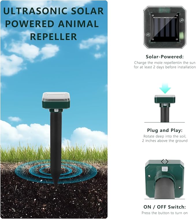 8 Pack Mole Repellent Solar Powered, Upgrade 2025 Waterproof Ultrasonic Gopher Vole Repellent Outdoor, Rat, Squirrel, Skunk, Repellent for Lawn Garden & Yard
