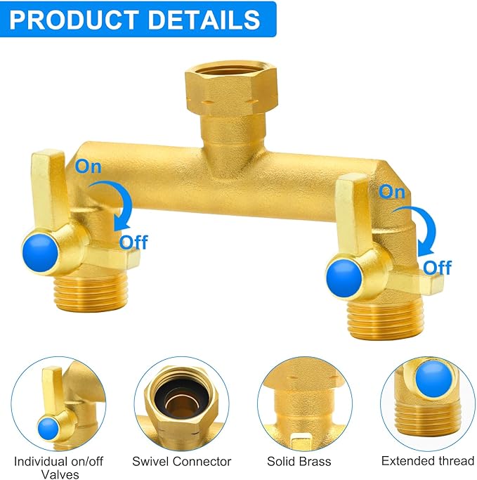 Garden Hose Splitter Full Flow, 2 Way Heavy Duty Outdoor Brass Hose Splitter with Metal Shutoff Valve and Long Handle Outdoor Faucet Diverter, 3/4" GHT Threads，Water Flow Increase