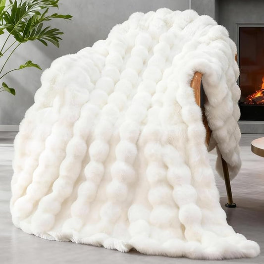 Faux Fur Queen Blanket for Couch, 1000 GSM Cozy Fuzzy Fluffy Soft Plush Thick Bubble Sherpa Blanket for Sofa Bedroom Living Room, Mothers Day Birthday Gifts for Women Home Decor