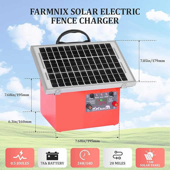 9.5KV Adjustable Output,0.5 Joules Energy Output7.5W Solar Panel, 24H/14D Uninterrupted Power Solar Electric Fence Charger for Livestock,20 Miles Protection Range