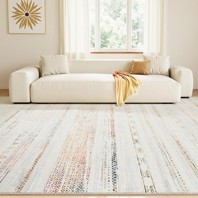 9x12 Area Rugs for Living Room Machine Washable Rug Distressed Indoor Carpet Neutral Moroccan Boho Rug Ultra Soft Area Rug for Bedroom Dining Room Playroom Office, Multi-Color