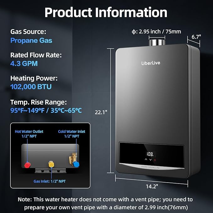 Propane Gas Tankless Water Heater, Indoor Max 4.2 GPM, 102,000 BTU On Demand Instant Hot Water Heater Propane Gas with LED Temperature Control Panel, 1/2" NPT Connector Size, CSA Certified, Gray
