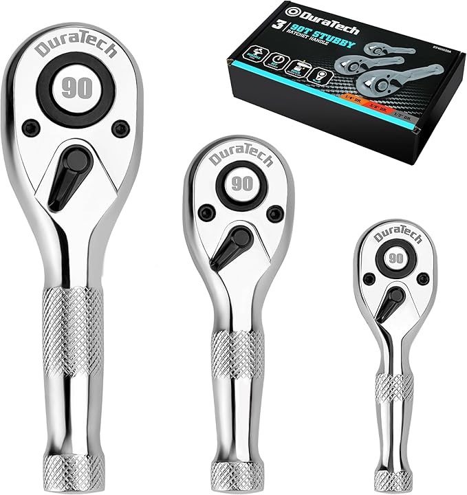DURATECH 3PCS Stubby Ratchet Wrench Set, 90-Tooth 1/4" 3/8" 1/2" Drive Socket Wrench, Mini Small Ratchet with CR-MO Head, Quick-Release & Reversible Design, Full Polished, EVA Organizer