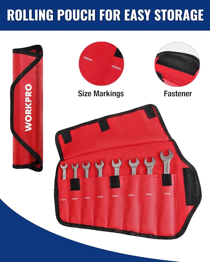 WORKPRO 8-piece Flex-Head Ratcheting Combination Wrench Set, Metric 9-17 mm, 72-Teeth, Cr-V Constructed, Nickel Plating with Organization Bag