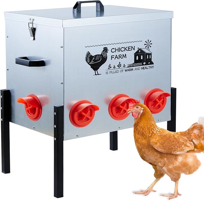 Automatic Chicken Feeder Box 50 lbs, 8 Feeding Ports, No Waste Poultry Feeder with Locking Lid and Adjustable Legs for Chickens, Ducks, Geese Galvanized Metal (50 Lbs-8 Ports)