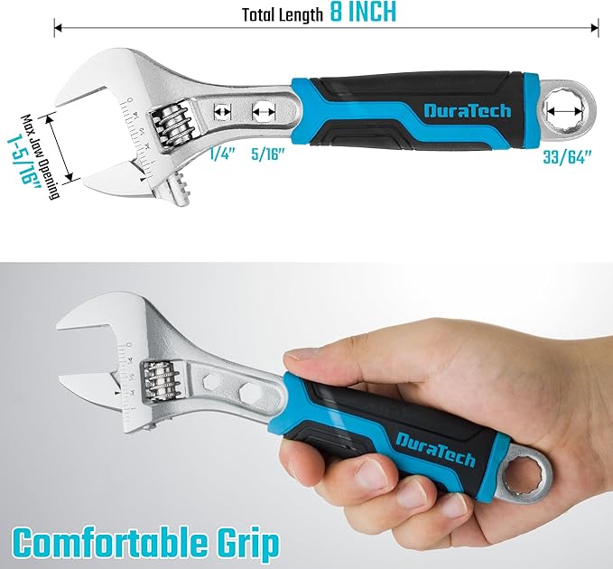 DURATECH 8 Inch Adjustable Wrench, 3-in-1 Spanner with Box End/Hex Function, CR-V Steel, Metric & SAE Scales, Chrome-plated, Bi-material soft Grip