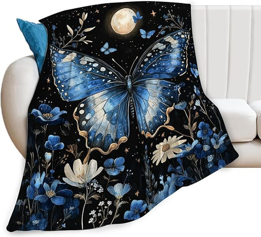 Butterfly Blanket, Blue Butterflies Throw Blanket, Flower Gifts Blankets Stuff Fleece Flannel Plush for Girls Women Men Boys Lovers Adults Soft Bedding Gift for Sofa Bed Office Home Decor 40"X50"