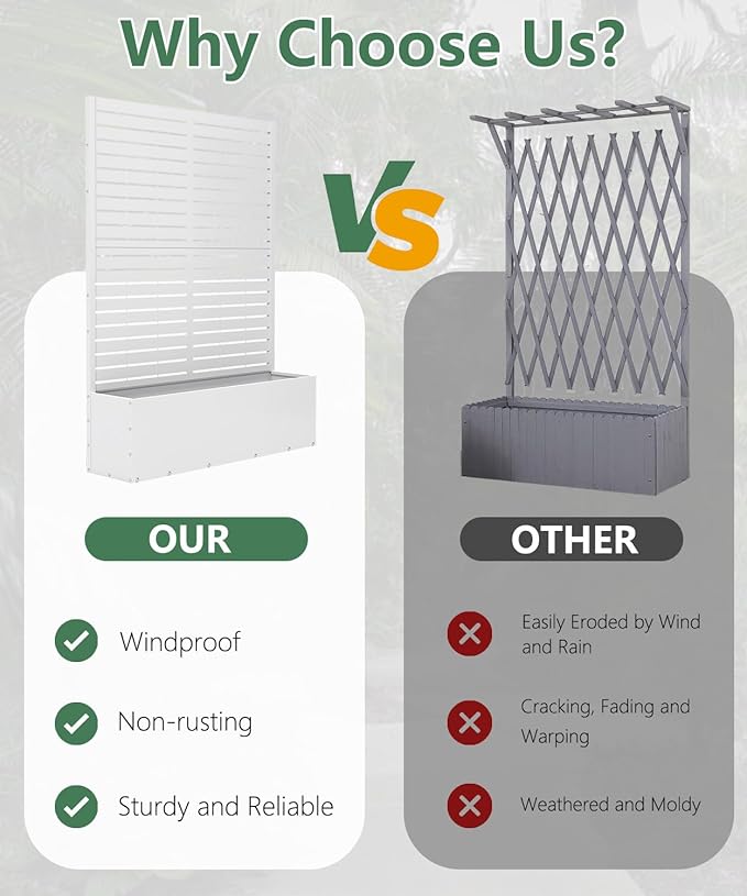 Metal Planter Box with Trellis,70.9"x47.2"x15.7" Raised Garden Bed with Drainage Holes, Privacy Planters for Outdoor Garden Bed for Climbing Plants,Vegetables,and Vines, White-louvered