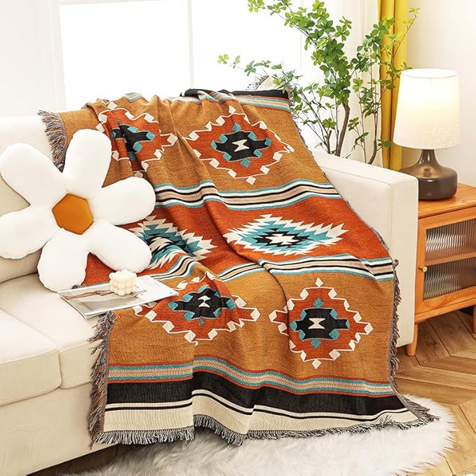 Lqprom Southwest Throw Blankets Aztec Southwestern Throws Cover Boho Native American Blankets for Gift Sofa Table Bed Living Room Decor Outdoor Camping Picnic Tent Beach Car Traveling 51"x63"