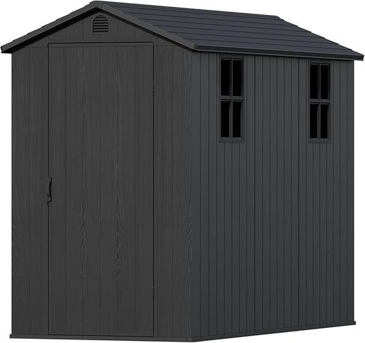 Devoko 4×8 FT Resin Outdoor Storage Shed, Garden Shed with Floor, Lockable Door and Two Windows, Waterproof Outside Plastic shed for Backyard Bike, Tools, Lawn Mower, Dark Grey