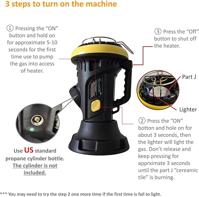 4000 BTU Portable Propane Heater with Tip-Over & Low Oxygen Protection, Indoor/Outdoor Radiant Heater for Camping, Fishing, Patio & Job Sites, 95 Sq.Ft Coverage, 5.5H Runtime, Yellow/Black