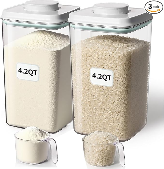 Airtight Food Storage Container with Pop Lid & 130ml Scoop, 4L/4.2qt *2 BPA-Free Cereal, Rice, Flour, Pasta & Snack Container, Stackable & Durable,Kitchen Pantry Organizer