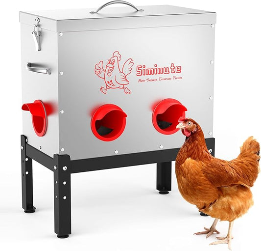 Automatic Chicken Feeder, 40 Lb Capacity 6 Port Large Metal Chicken Feeders, No Waste Poultry Feeder with Locking Lid & Legs, Large Chicken Feeder for Inside Chicken Coops