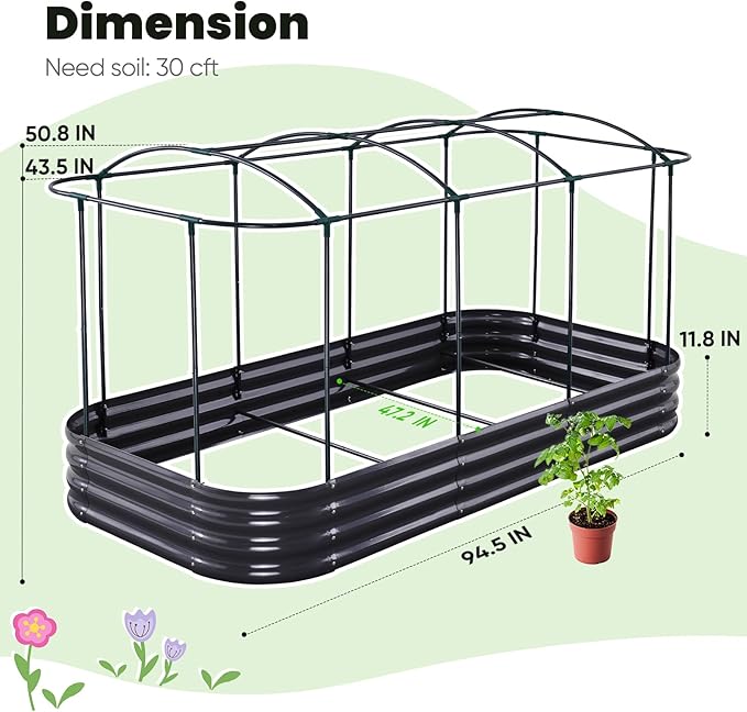 KING BIRD Raised Garden Bed with Cover Galvanized Oval Planter Garden Box Outdoor for Gardening, Vegetables, Flowers 94.5x47.2x11.8 in, White