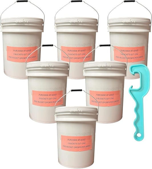 5 Gallon Plastic Bucket Pail with Lid (Pack of 6) – Includes Free Bucket Opener - Food Grade, BPA Free, Heavy Duty –– for Storage, Emergency, Paint, Brining, and More (White)