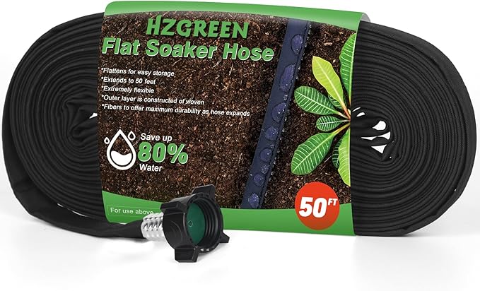 Flat Soaker Hose 50 FT,Drip Hose for Garden Beds Linkable Irrigation System Lightweight and Easy Watering for Tree Plant and Save 80% Water for You (50FT)