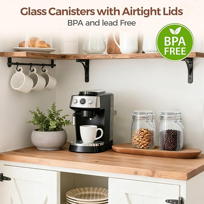 ComSaf Airtight Glass jar with lid 25oz Set of 6, Glass Storage Containers with Lids, Glass Canister, Mason Jars, Striped Clip Fastening Jar for Kitchen Canning, Oat, Coffee, Pasta, Snack, Nut, Candy