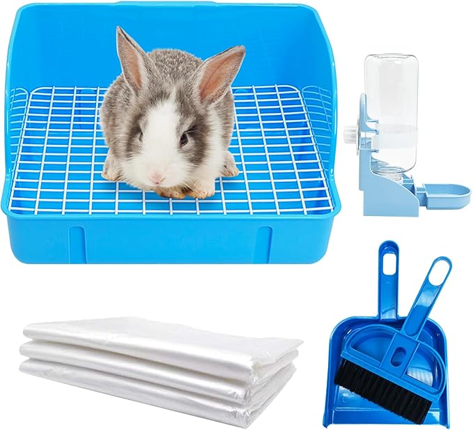 kathson Rabbit Litter Box Toilet Pet Potty Trainer Cage Corner Tray Pan Litter Bedding Box Hanging Water Fountain Automatic Dispenser for Adult Guinea Pigs Rabbits Hamster Chinchilla Ferret Blue