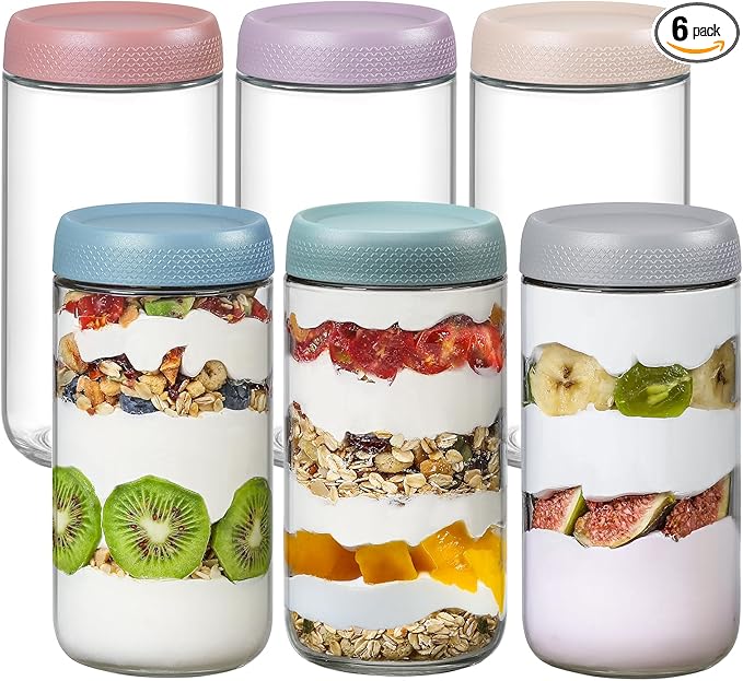 NETANY 6-pack 24oz Glass jars with Airtight Lids, Overnight Oats Containers with Lids, Wide mouth Mason Salad jars, Glass Food Storage Containers for Snacks Yogurt Spice Sugar