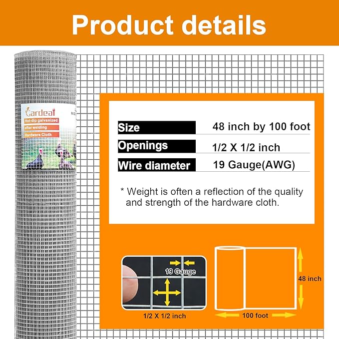 48in x 100ft 19 Gauge 1/2 Inch Hardware Cloth - Double Hot-Dipped Galvanized After Welding Steel Mesh - Duty Rust Proof Fencing for Gardens, Chicken Coops & Poultry Animal Netting Cage Screen