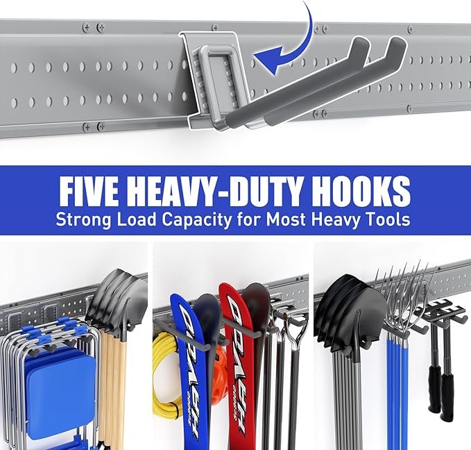 Garage Tool Organizer Wall Mount 48 inches with 10 Adjustable Heavy-Duty Hooks, Garage Organization, Garden Tool Storage Rack, Yard, and Shed, Holds Up to 400 lbs (Grey)
