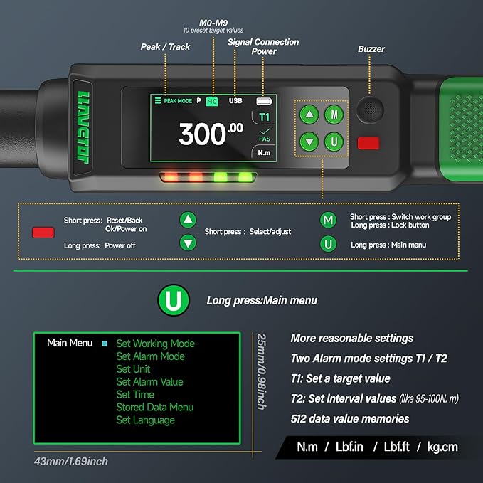 Digital Torque Wrench, 1/2 Torque Wrench, 7.38-147.5 Ft-lbs/10-200 N.m, ±2％ ACCURACY with Buzzer & LED Indicator for Automotive Motorcycle & Bicycle