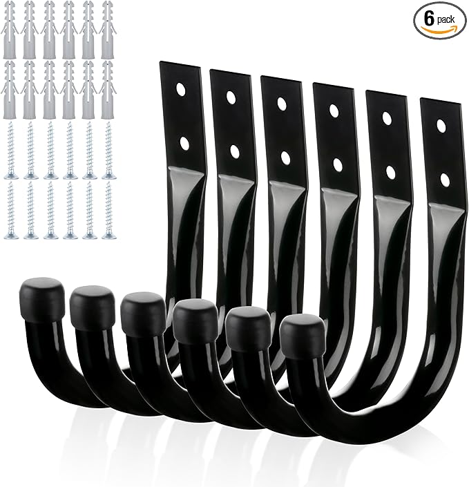 KURUI Metal Wall Hooks for Hanging Heavy Duty, 6Pcs Garage Organization and Storage Hook for Extension Cord Tool Coat Backpack Bag, Large Utility J Hooks, Black Wall Mount Hanges for Outdoor Indoor