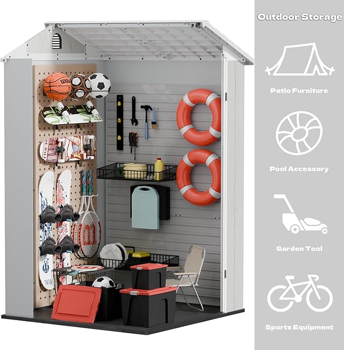 Devoko 4x4 FT Outdoor Shed, Compact & Secure Plastic Resin Storage with Lockable Door, Features Built-in Floor & Window for All-Weather Garden, Patio, and Poolside Organization, Light Gray