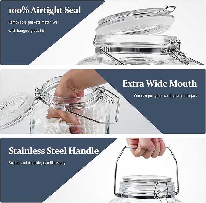 [Upgrade] 2 Gallon Glass Jars with Airtight Lids, 7400 ml Large Wide Mouth Glass Mason Jars with Stainless Steel Handle, Big Storage Jars with Lids, 2 Scale Markings Cereal Containers Storage