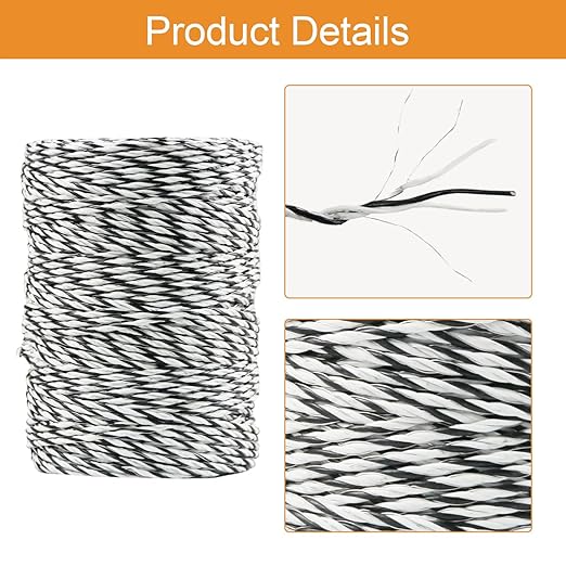 Electric Fence Polywire, 656ft (200m), 3 Aluminum Strands, UV-Resistant PVC, 0.1in (2.5mm) Diameter, 256 lbs Tensile Strength, for Livestock and Rotational Grazing, White and Black