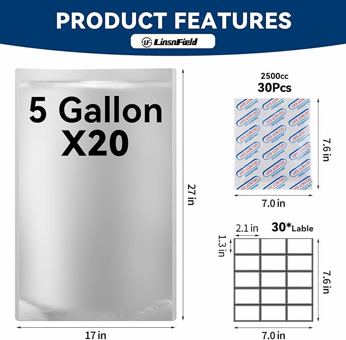20pcs 5 Gallon Mylar Bags for Food Storage - 10 Mil Thick - Mylar Bags 5 Gallon with 30 Oxygen Absorbers 2500cc, Heat Sealable, BPA-Free – for Strong, Secure Long Term Food Storage, Silver