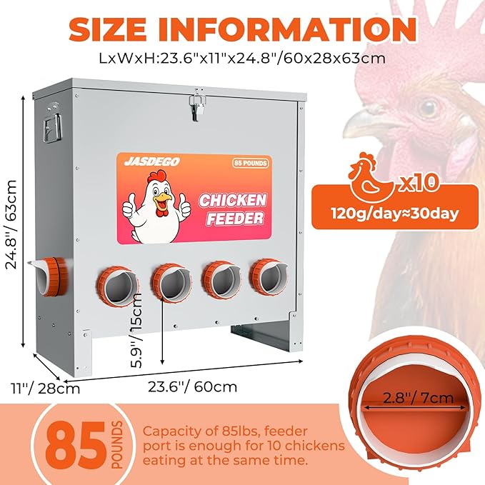 Metal Chicken Feeder No Waste 10 Ports Automatic Poultry Feeder Large Capacity 85 Pounds with Latch & Handle for Chickens Bantams Pheasants Poultry Coop Weatherproof