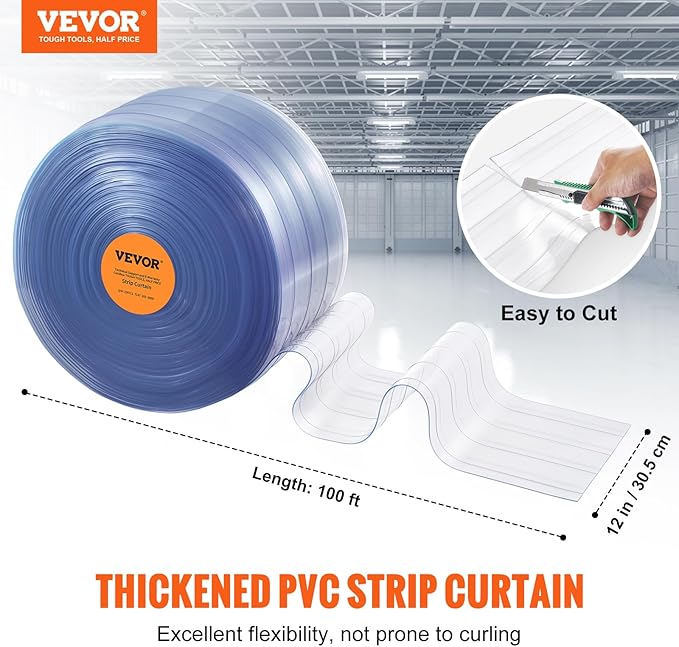 VEVOR Strip Curtain, 100' Length x 12" Width x 0.12" Thickness, Clear Ribbed PVC Curtain Strip Door Bulk Roll, Plastic Door Strips for Doorway of Supermarket, Garage, Warehouse, Barn, Pet Animal House